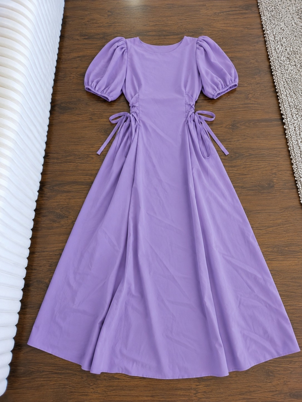 Lavender Puff-Sleeve Tie-Waist Maxi Dress